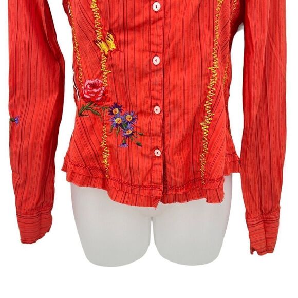 Johnny Was 3 J Workshop Women's XS Button Down Shirt Coral Embroidered Blouse - Picture 5 of 15
